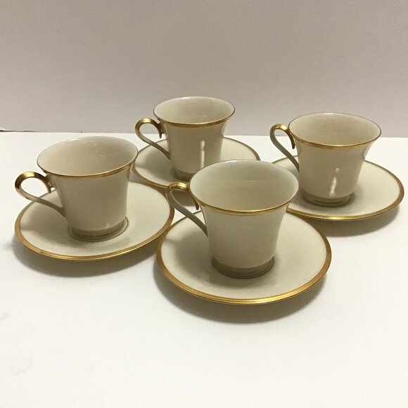 8pc LENOX 'Eternal' Elegant Bone China Teacup & Saucer Set Cream w/Gold Trim - Picture 1 of 8